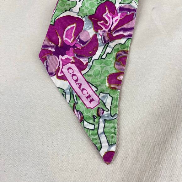 Coach Signature Skinny Scarf Purse Piny Tail Tie Purple Pink Green Floral - Picture 8 of 8